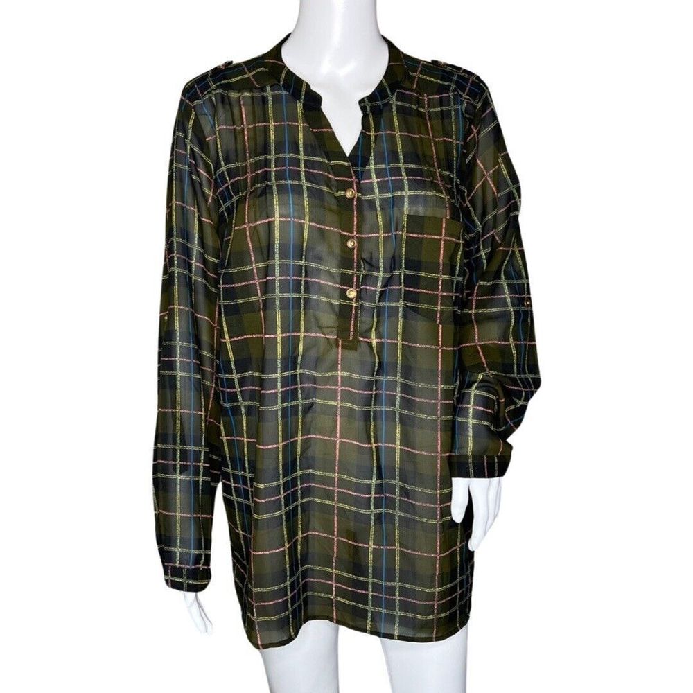 Signature Studio Shirt Women Large Green Plaid Sheer Popover‎ Office Casual